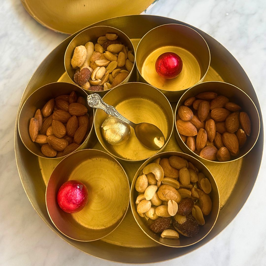 Deidaa Brass Spice Box with Seven Containers Transparent Lid and Handetched Design
