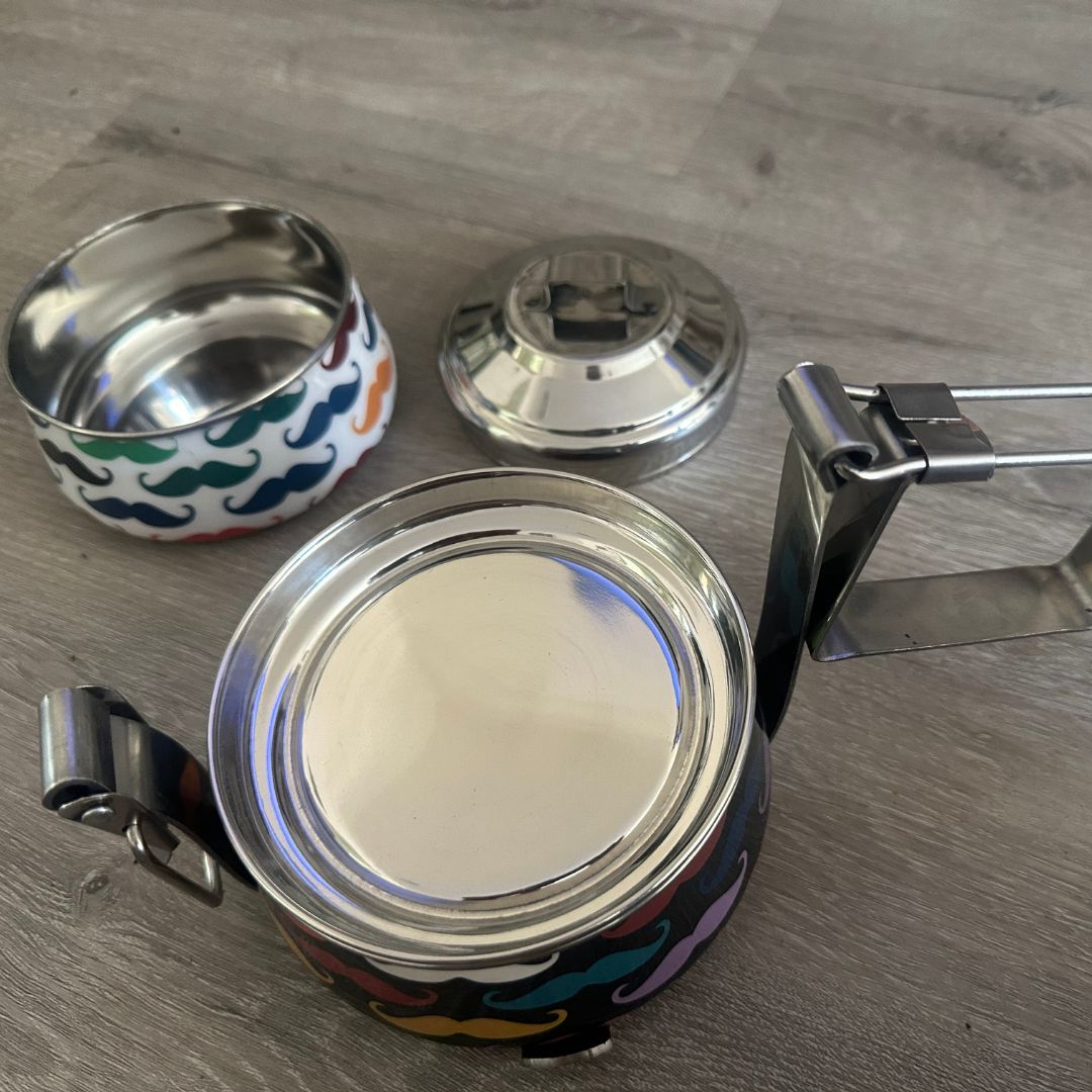 deidaa moustache print steel two tier tiffin with removable bowls individual llids
