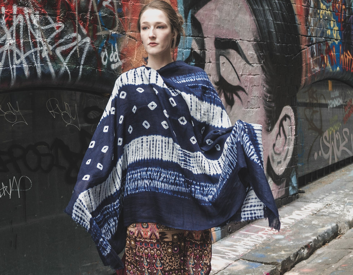 woman wearing Deidaa indigo shibori tie dye cotton scarf