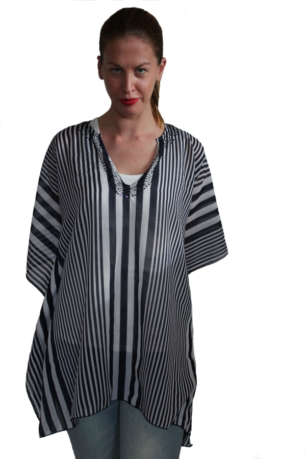 deidaa beaded black white sheer kaftan striped