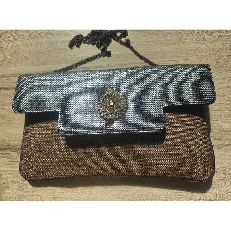 deidaa brown jute silk clutch bag metallic flap stone clasp side sling