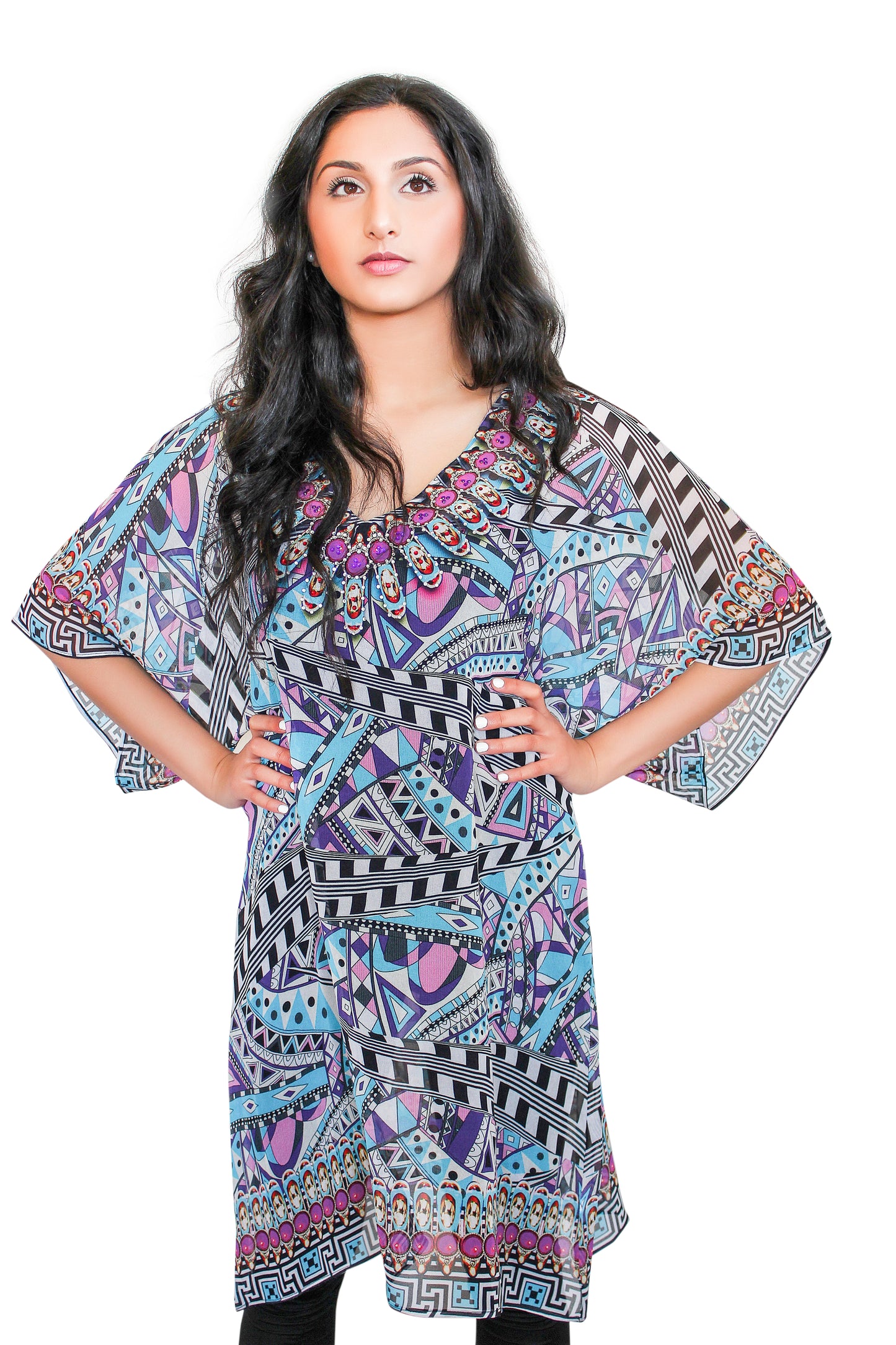 digitally printed kaftan beaded blue