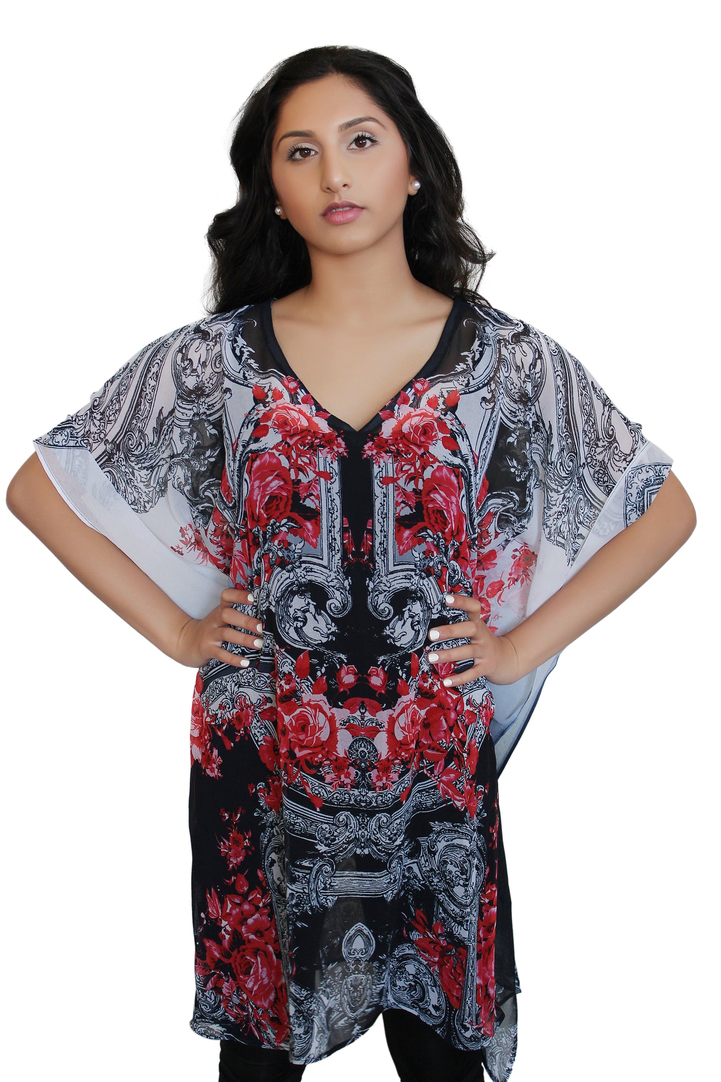 digitally printed kaftan black white red