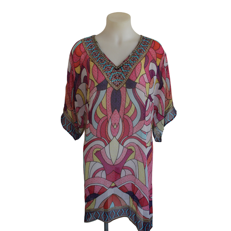 deidaa digitally printedred beaded sheer kaftan