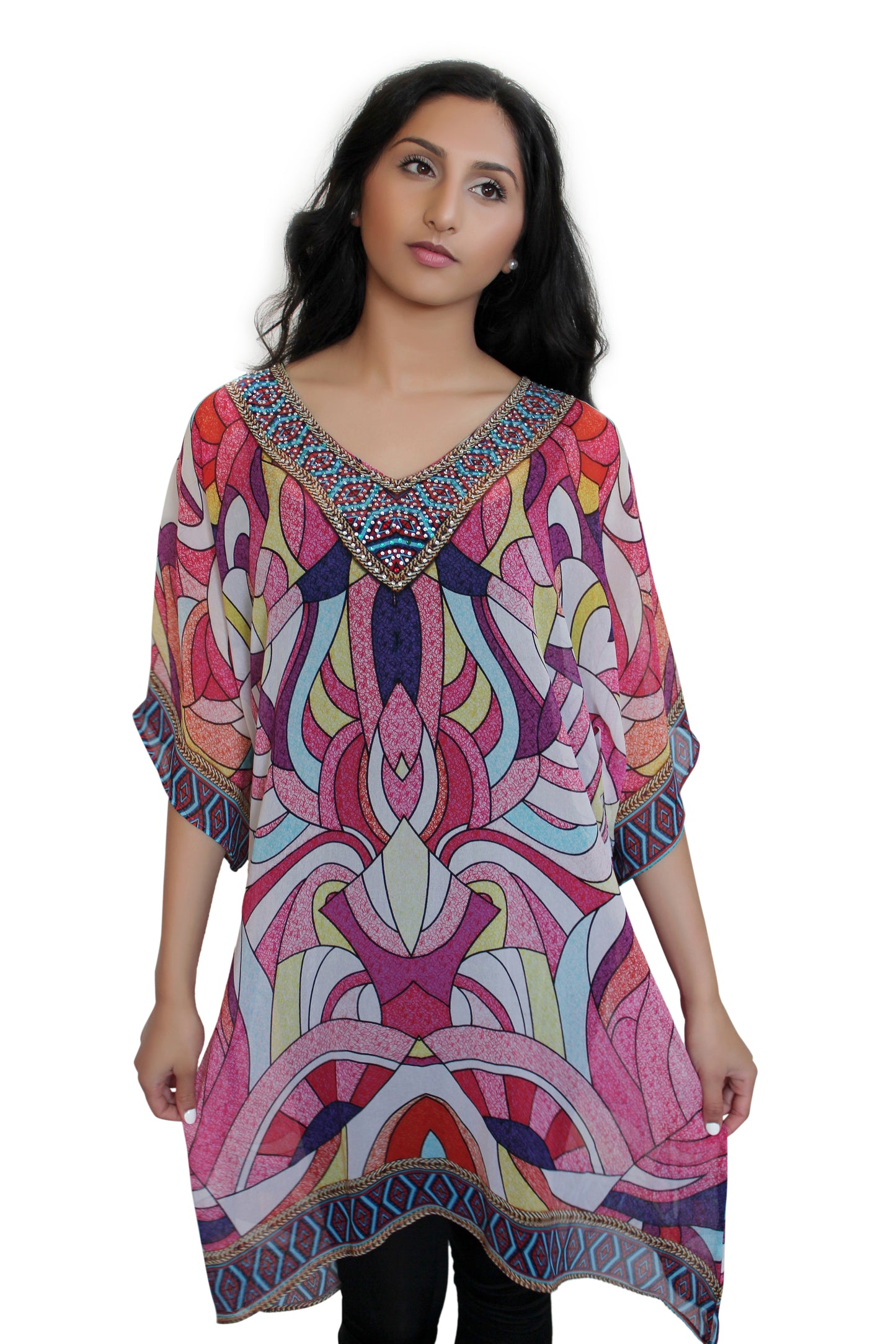 deidaa digitally printed red beaded sheer kaftan