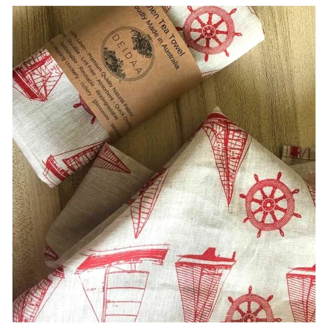 deidaa hand printed linen tea towel boat print