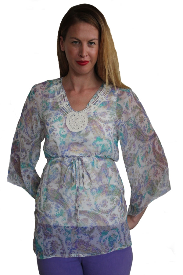 deidaa sheer beachwear kaftan top paisley printed crochet neck