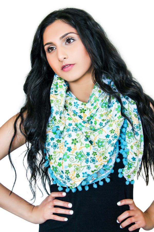 floral cotton scarf pompom blue