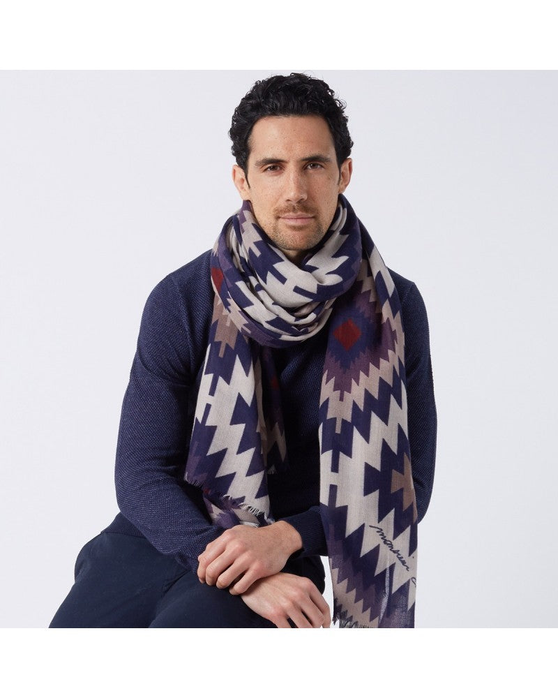 man wearing aztec printed long wool scarf