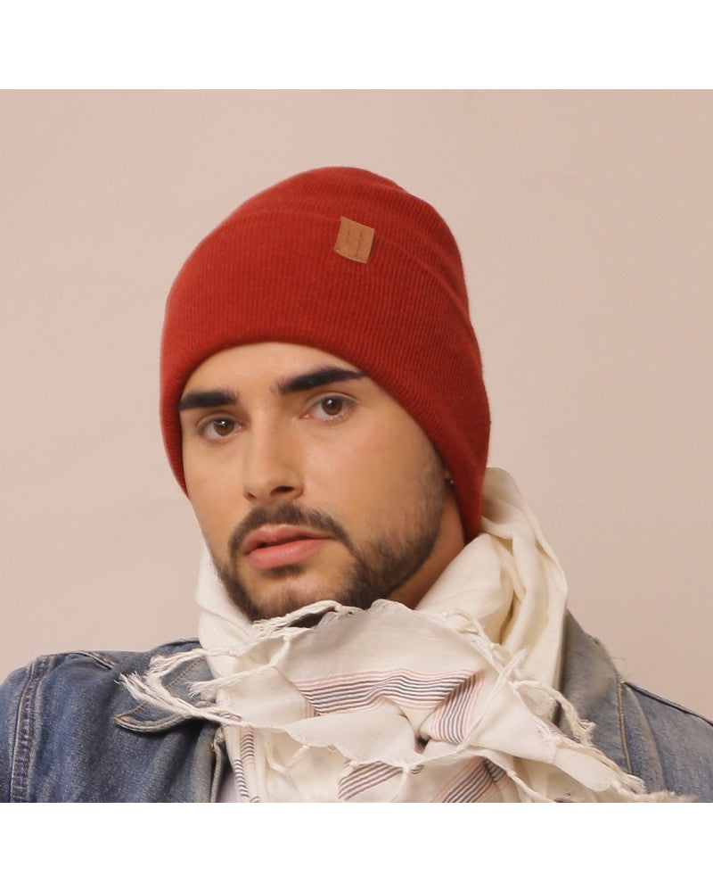 man wearing deidaa merino wool red beanie