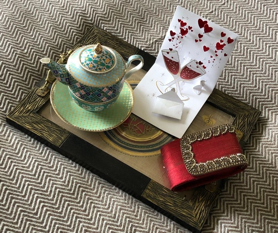 valentines breakfast in bed tea card beaded clutch bag