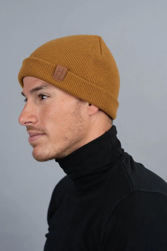 Side View of Man Wearing Deidaa Yellow Merino Wool Cap Winter Beanie