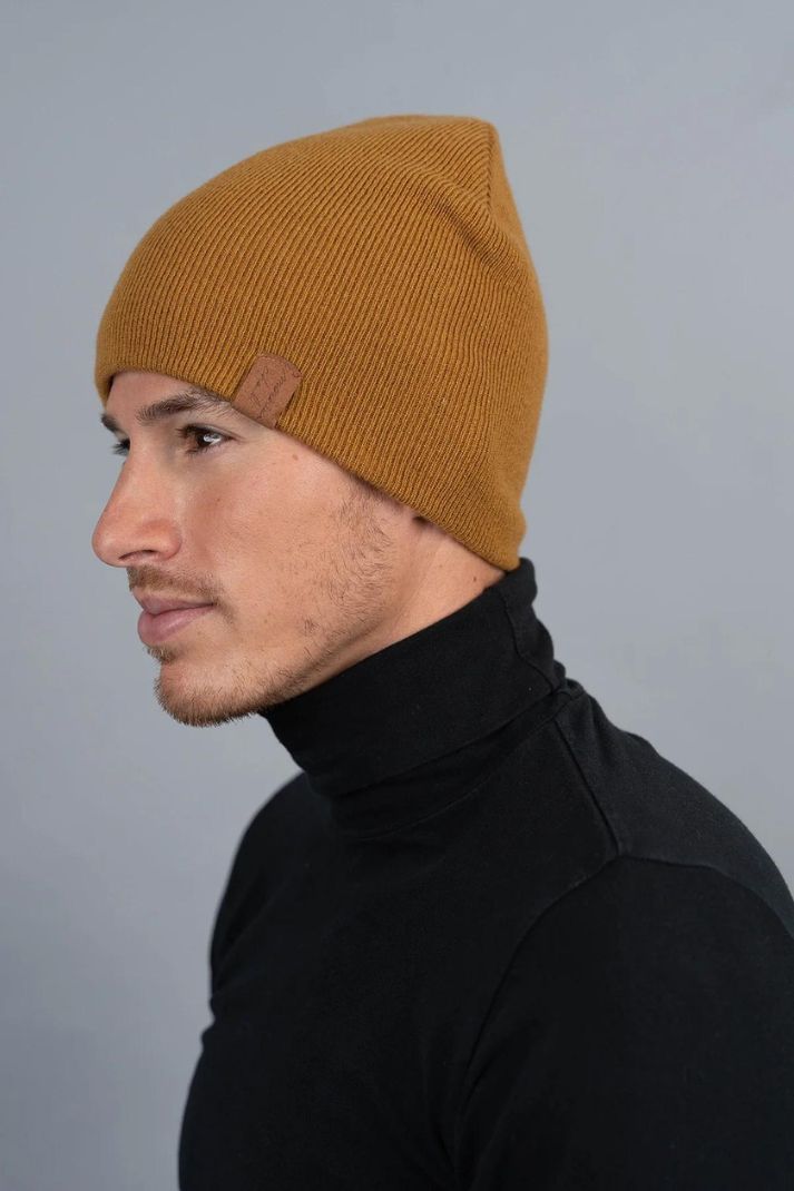 Side view of man Wearing Deidaa Yellow Merino Wool WInter Hat Beanie