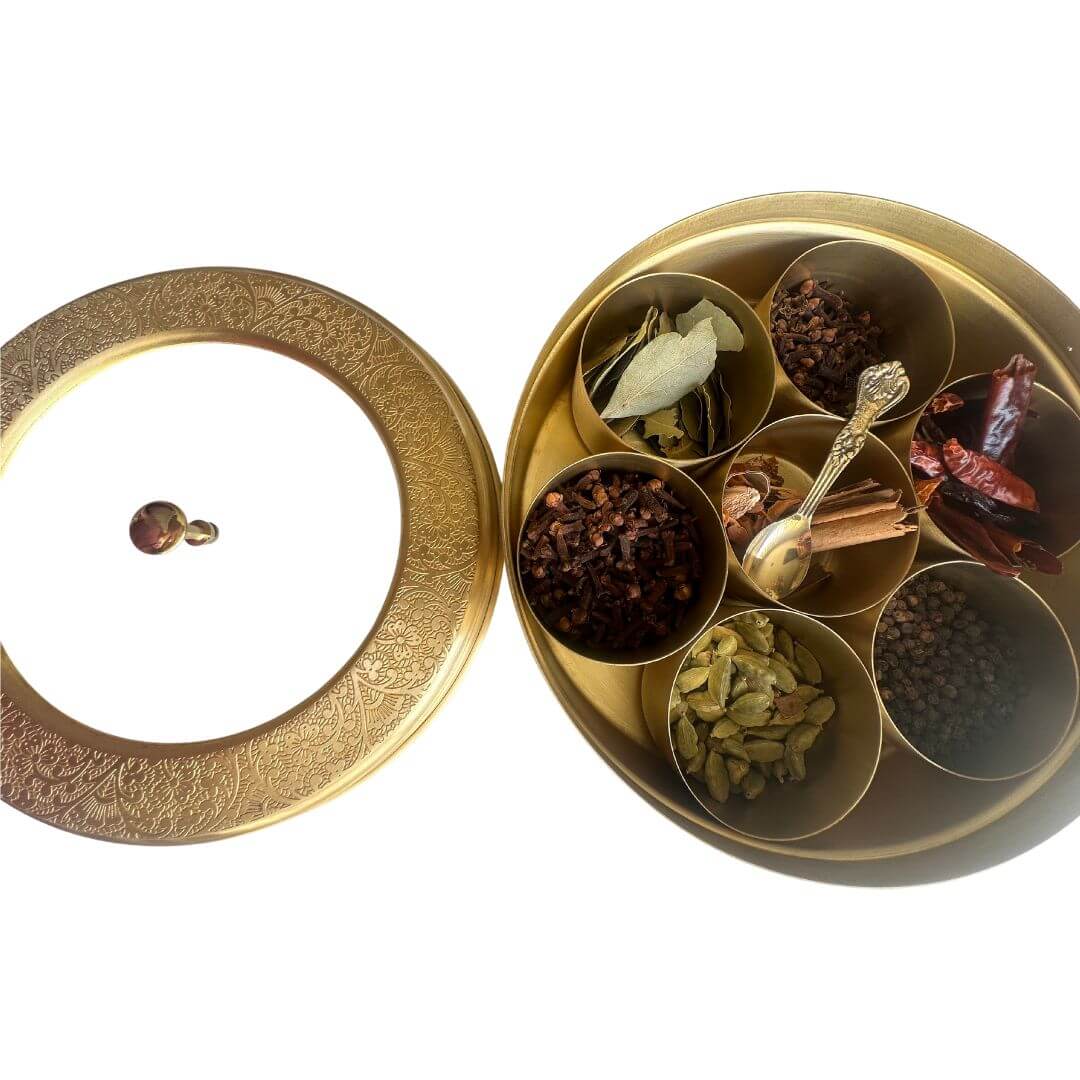 Deidaa Brass Spice Box with Seven Containers Transparent Lid and Handetched Design