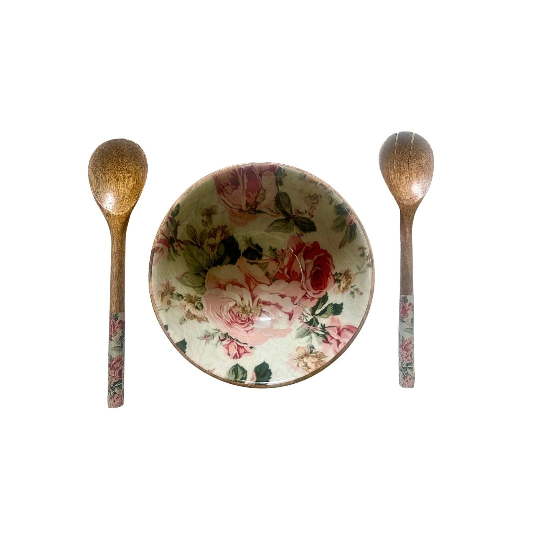 deidaa mango wood salad bowl with rose print and two matching serving spoons