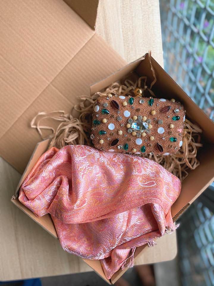women's christmas gift box paisley scarf beaded clutch bag