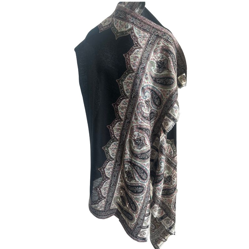 deidaa black wool self design scarf with multicolour paisley border