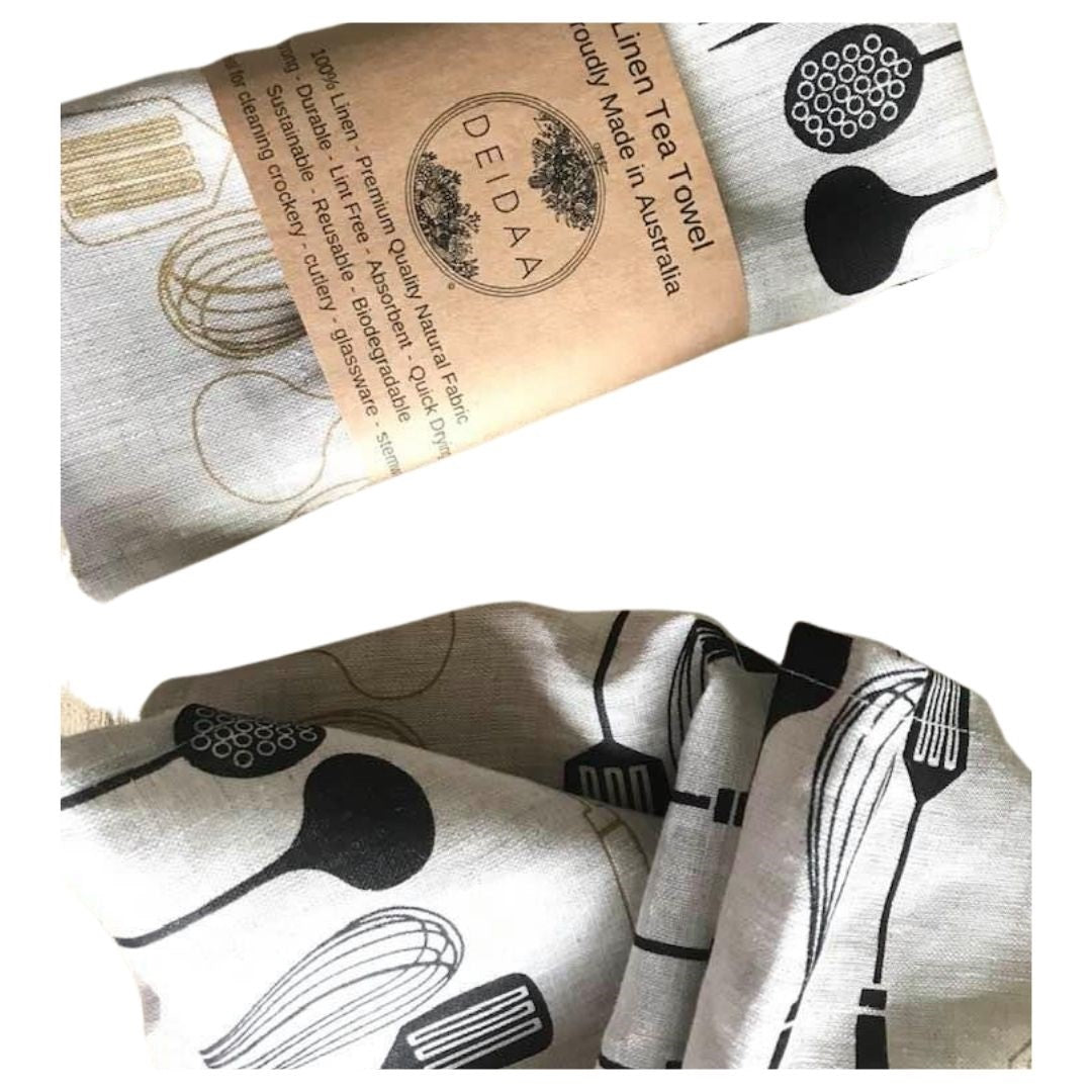 deidaa handcrafted linen kitchen tea towel cutlery print