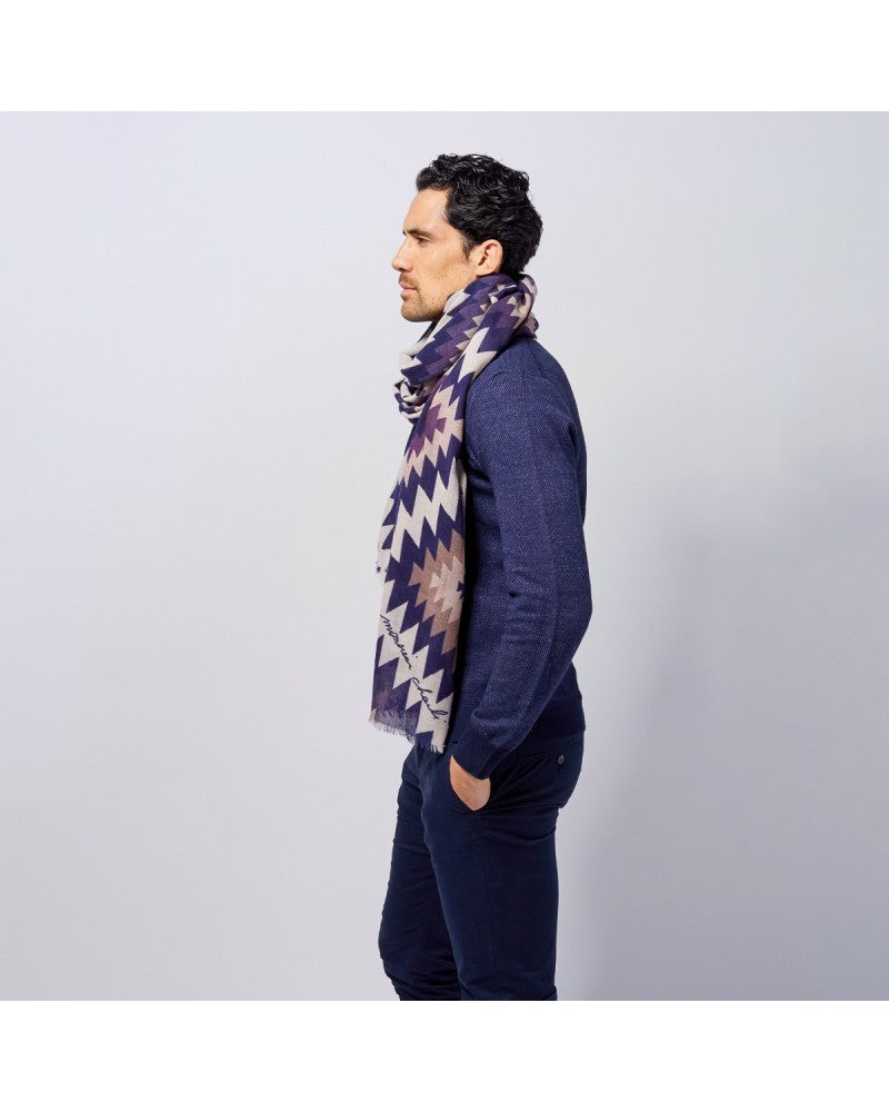 man wearing aztec printed wool scarf