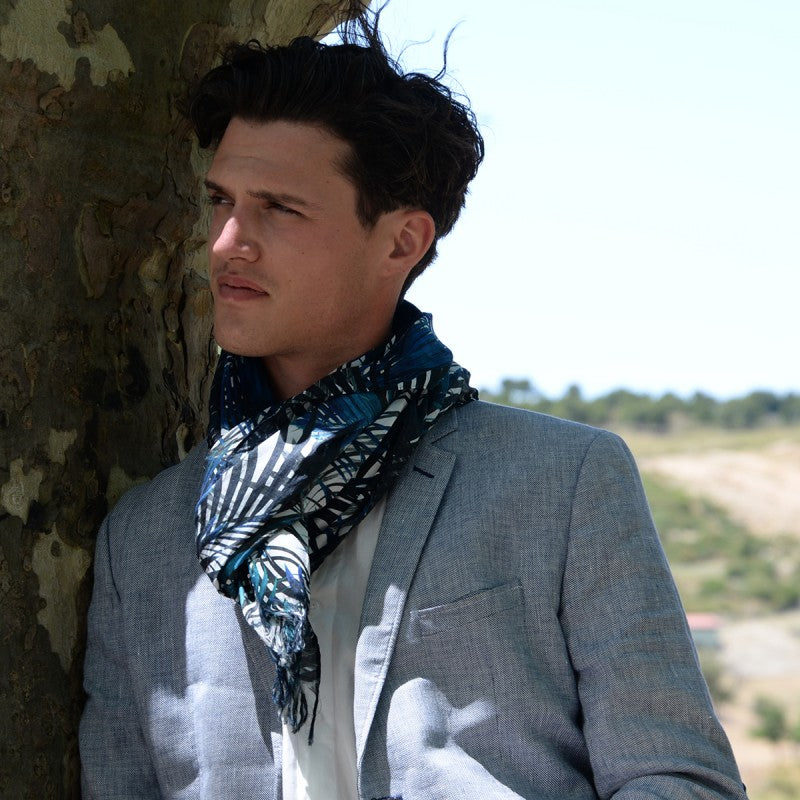 man wearing Deidaa italian cotton tropical scarf