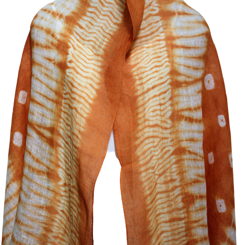 orange tie dye shibori linen scarf